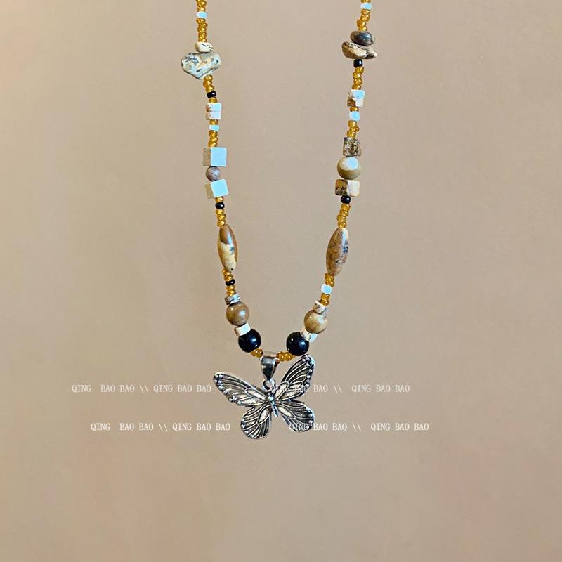 New chinoiserie butterfly beaded necklace women's fashionclassy accessories ethnic style retro decorative clavicle chain