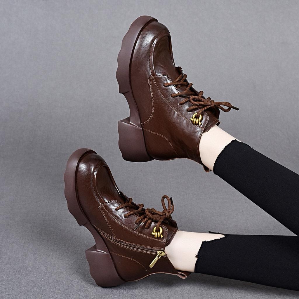 Short boots women's new European and American simple Martin boots round head lace-up cotton boots women's thick heel casual leather boots