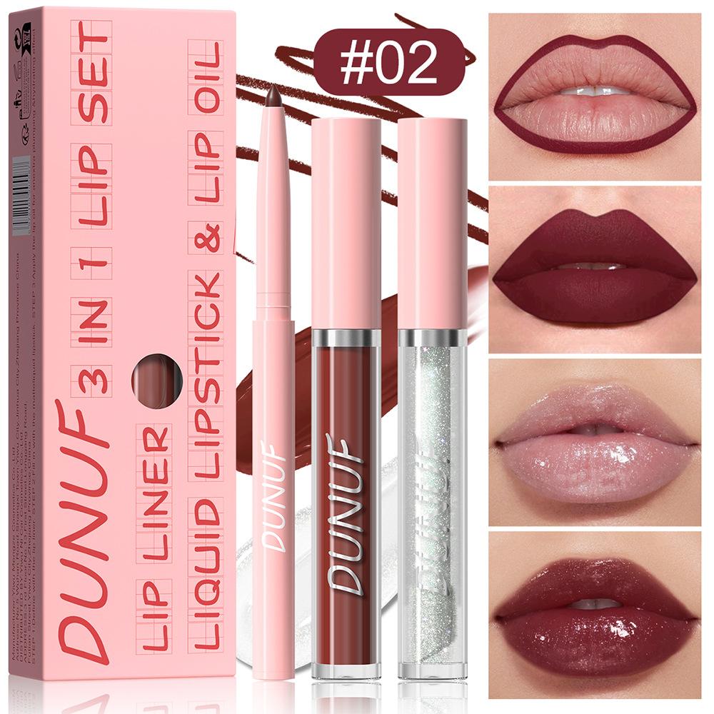 3Pc Velvet Matte Lipstick Pen Nude Brown Lip Liner Pencil Kit Rose Red Matte Lipliner+Lip Gloss+Lip Oil Set Waterproof Lips Tint