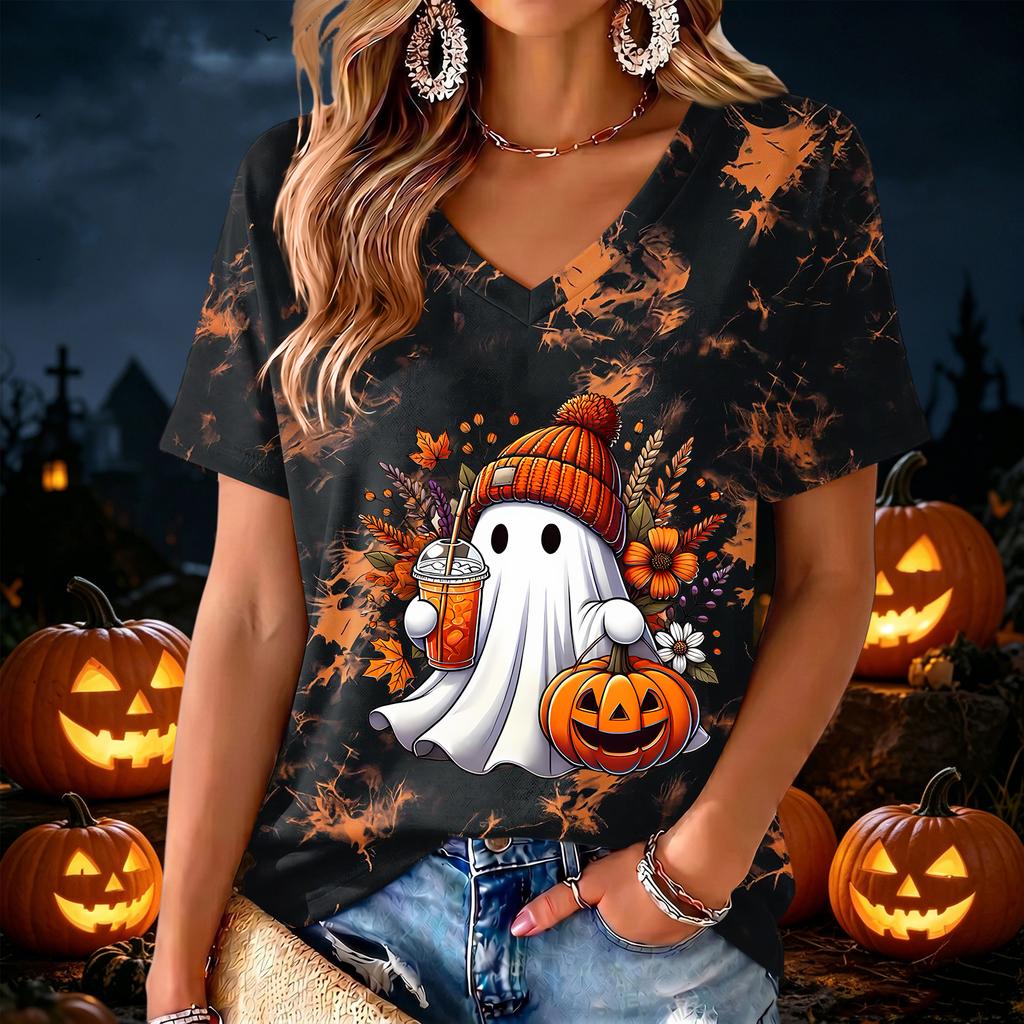 Women's V Neck Halloween Print Lightweight Summer Top