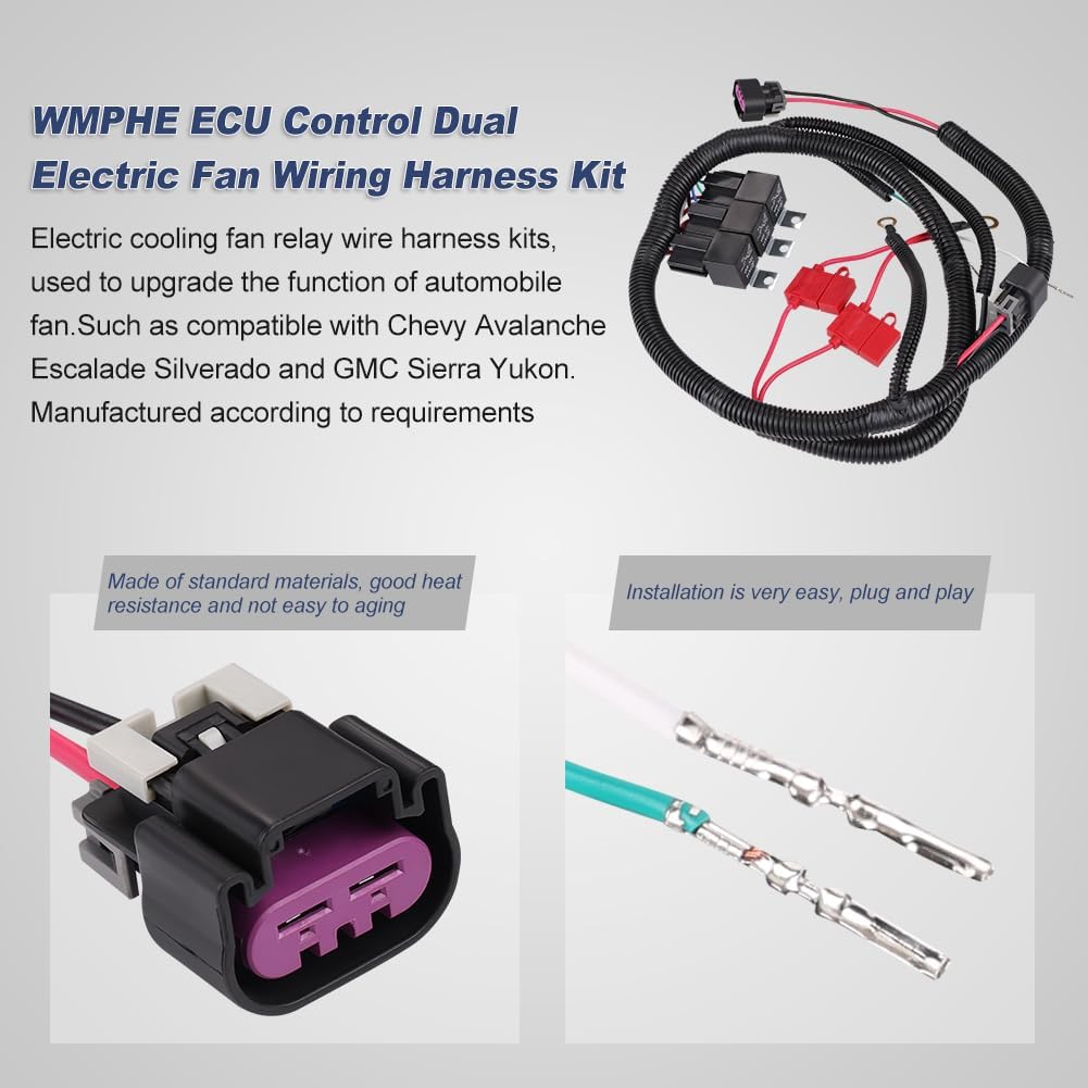 Dual Electric Fan Upgrade Wiring Harness Kit Compatible with Chevy GMC GM Truck SUV 1999 2000 2001 2002 2003 2004 2005 2006 ECU Control, Electric