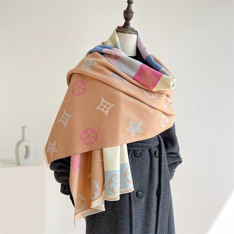Color scarf Women's fringed cashmere scarf Warm winter versatile imitation cashmere shawl Dual-purpose thickened warm neck protection