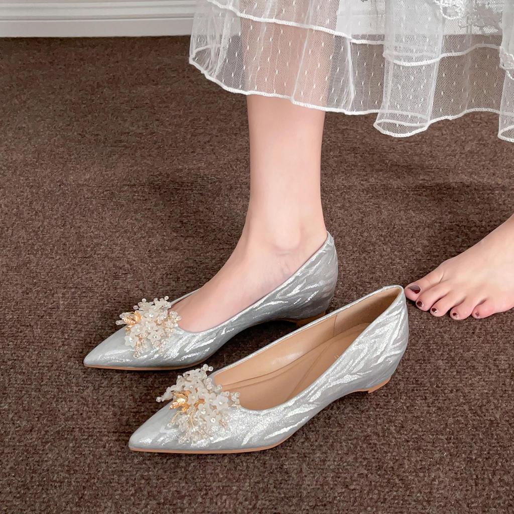 Franska Silver Pärla Strass Bröllopsballerinaskor Högklackade Skor Dold Klack Skor för Kvinnor