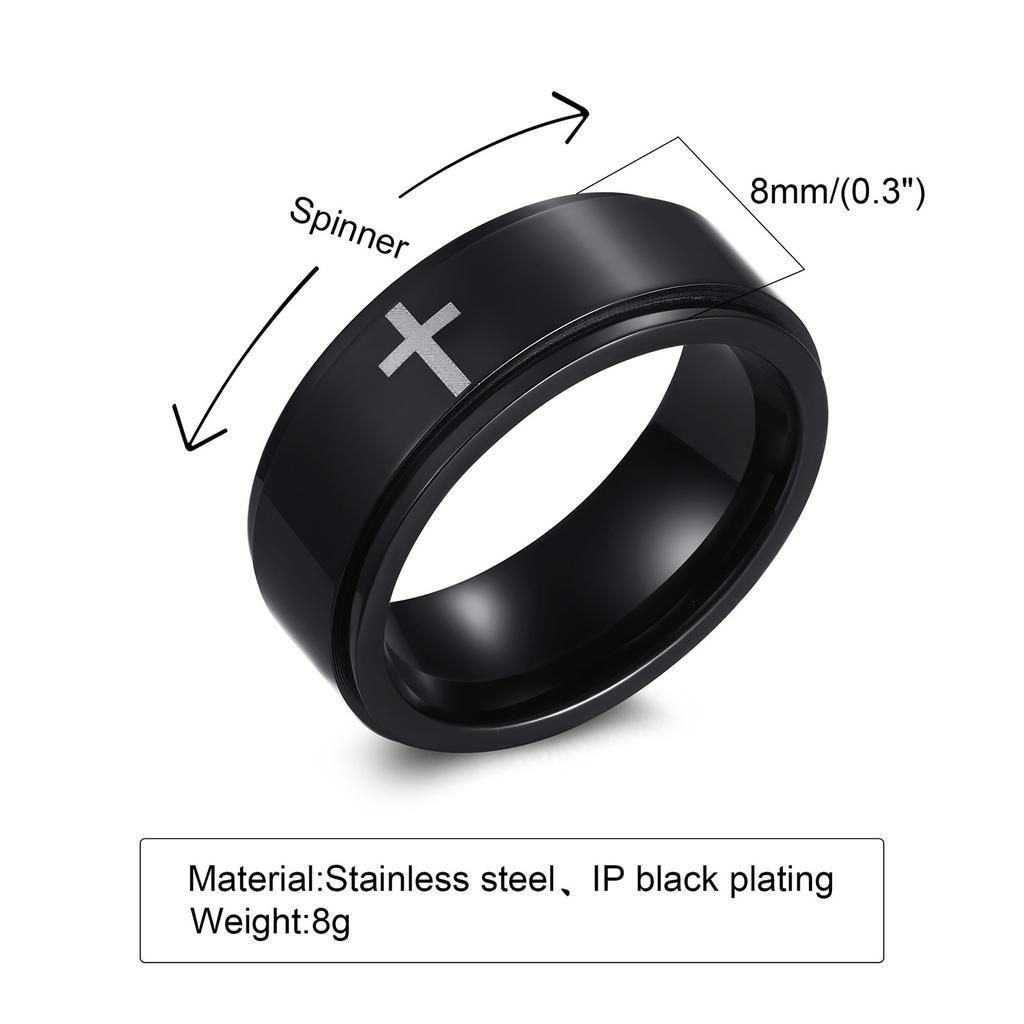 Stainless Steel Laser Engraved Rotating Cross Ring Black Mens Ring