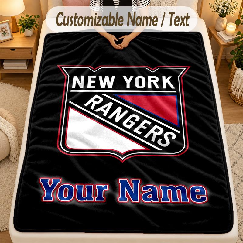 Flannel BlanketNew York Rangers Custom Name Text Personalized Soft Warm Throw Blanket Home Decor Gift