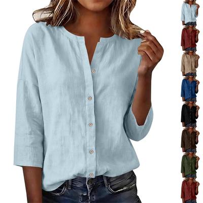 Women's Casual Button Down Shirt Three Quarter Sleeve Lightweight Relaxed Fit Blouse with V Neck Suitable for Everyday Wear
