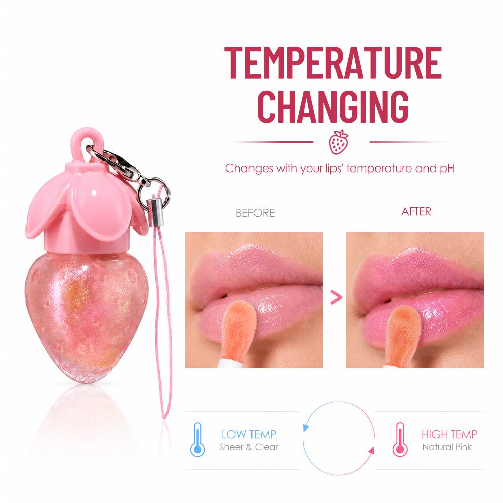 Süßer Erdbeer-Lipgloss mit Schlüsselanhänger-Riemen, Schimmernder Glitzer-Flüssiglippenstift, Feuchtigkeitsspendendes Lip Glow Öl, Pinker Spiegel-Lipliner für das Tägliche Natürliche Make-up