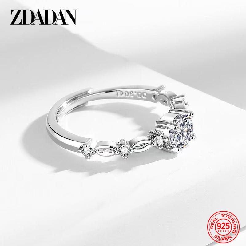 ZDADAN 925 Sterling Silver Simple 5mm Zircon Adjustable Ring for Women Fashion Jewelry