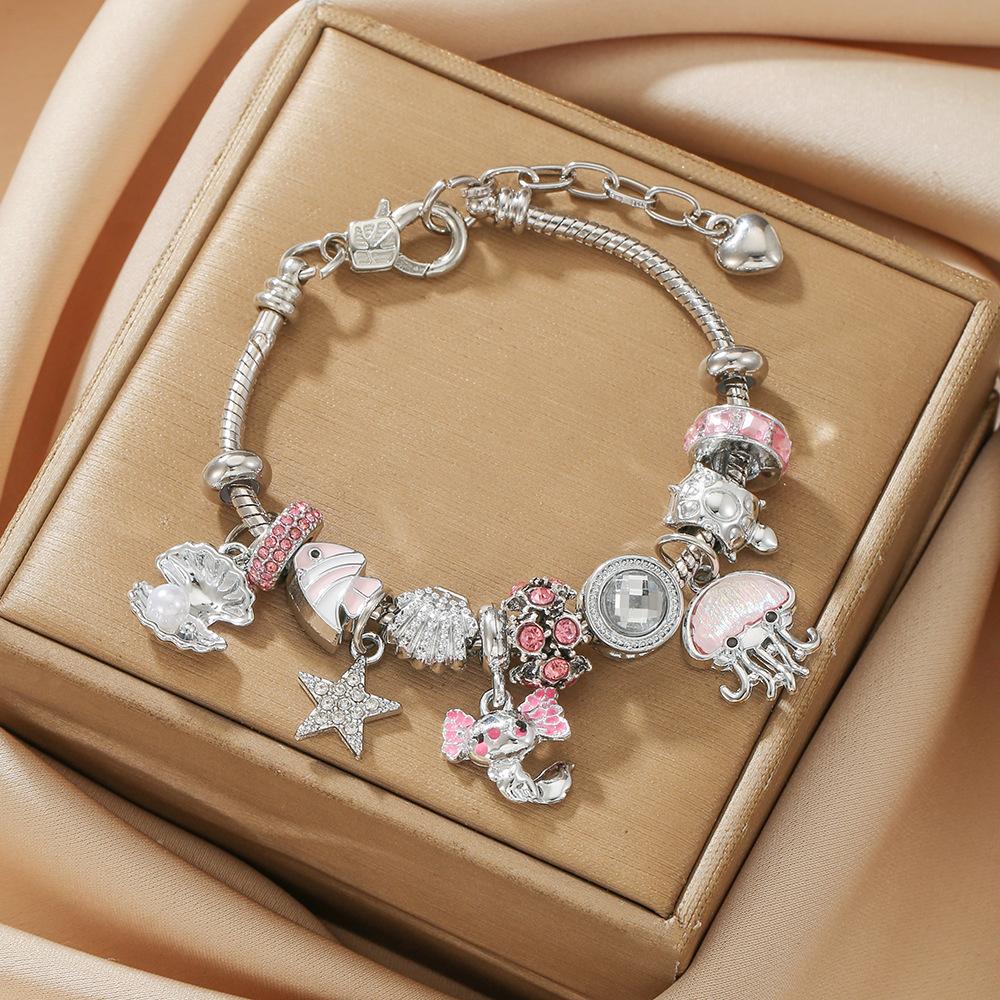 Pink Marine Style Zinc Alloy Starfish and Clown Fish Pendant Shell Beaded Bracelet-Trendy Women's Gift