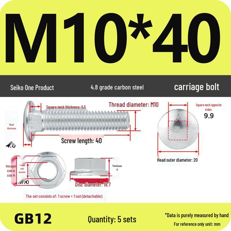 Special Galvanized Carriage Bolt Set with Semicircular Head and Square Neck, Including M4-M12 Screws and Nuts for Cable Tray Connection.