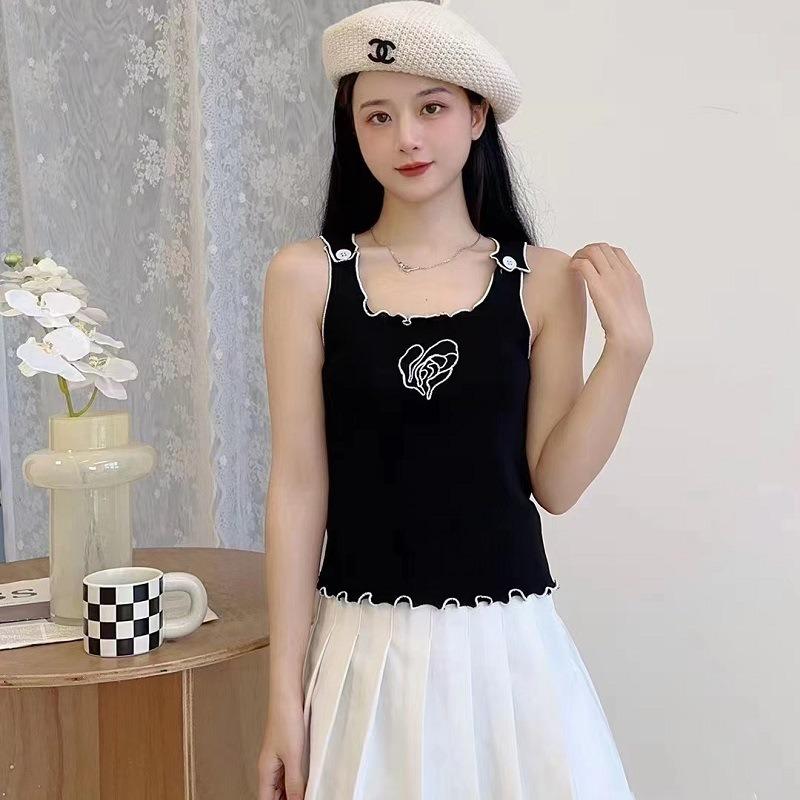 New Summer Design Simple Temperament Sweet Contrasting Color Embroidered Knitted Vest Suspender Top