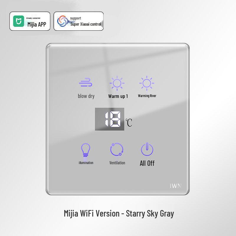 Smart Touch-Screen Bathroom Heater Switch, Flush-Mounted, Wireless Mijia App Compatible