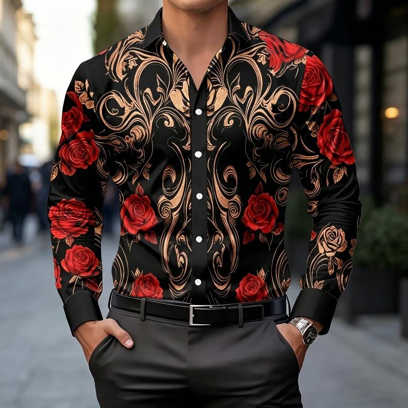 2026 new men s shirt fashion printed shirt light luxury retro pattern slim fit long sleeved men s business casual fashion top S