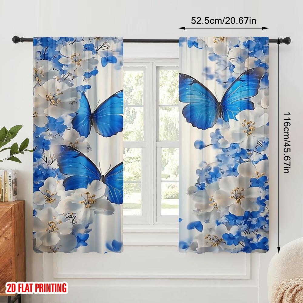 Flat Printing Scene Curtains Blue Butterfly Flower Fabric Without Electricity Birthday Party Perfect Home Wall Yard Set Of 2 Made Polyester