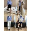 Sinan, Early Autumn New, Intellectual Blue Plaid Embroidered Temperament Casual Shirt Stacked