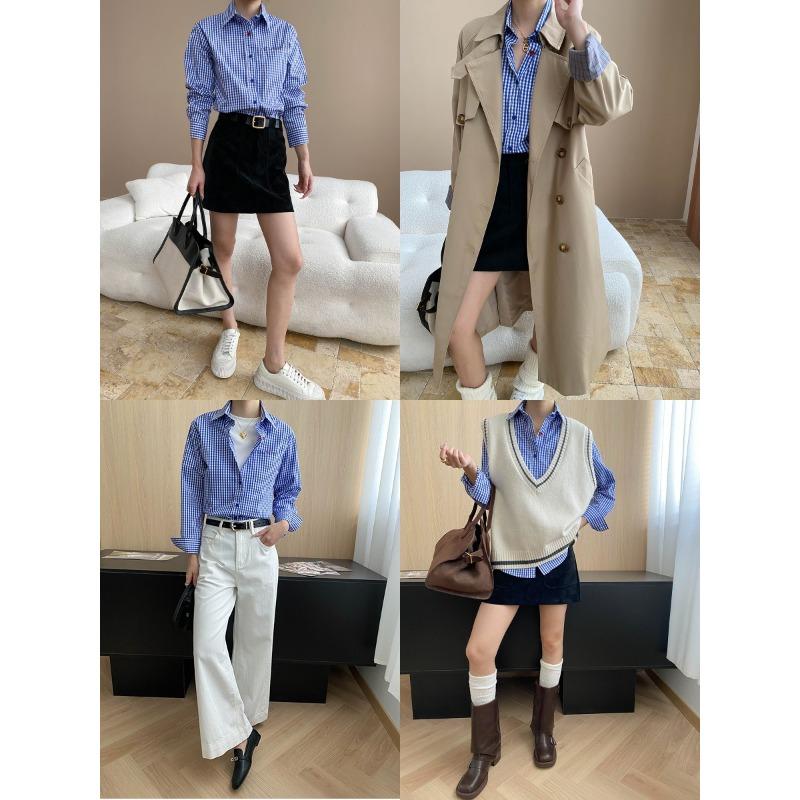 Sinan, Early Autumn New, Intellectual Blue Plaid Embroidered Temperament Casual Shirt Stacked