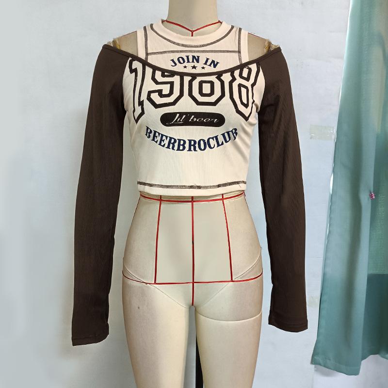 Frühlings- und Herbst-Damenbluse mit Rundhalsausschnitt, Buchstabenaufdruck, schulterfrei, lange Ärmel