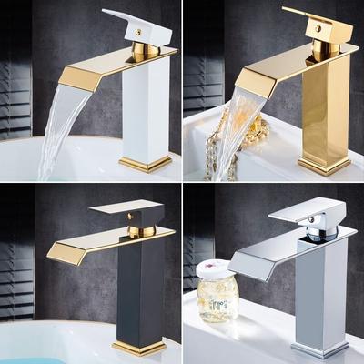 Grifo de Lavabo Cascada Oro y Negro Mezcladores Cascada para Fregadero Grifo de Baño Montado en Cubierta Grifos para Lavabo