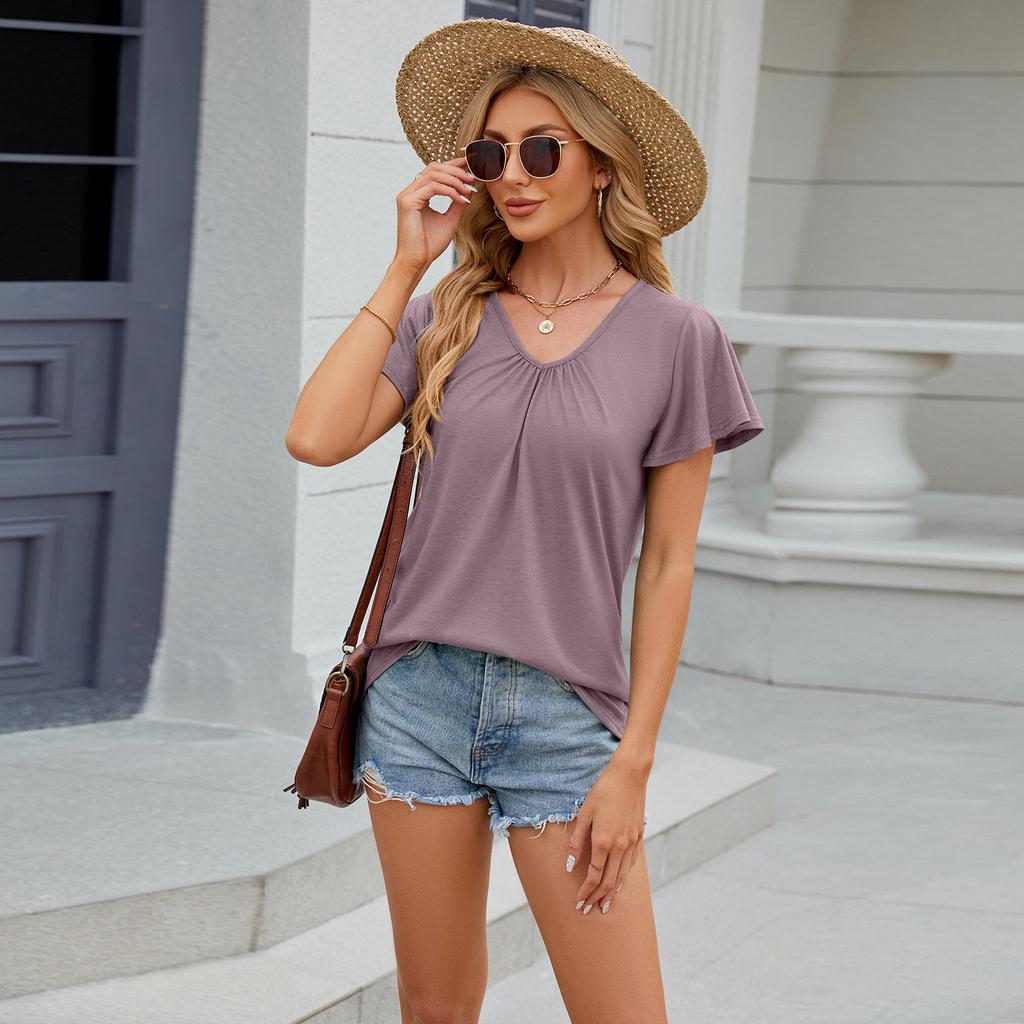Spring and Summer Pure Color V-neck Loose Short-sleeved Women's T-shirts