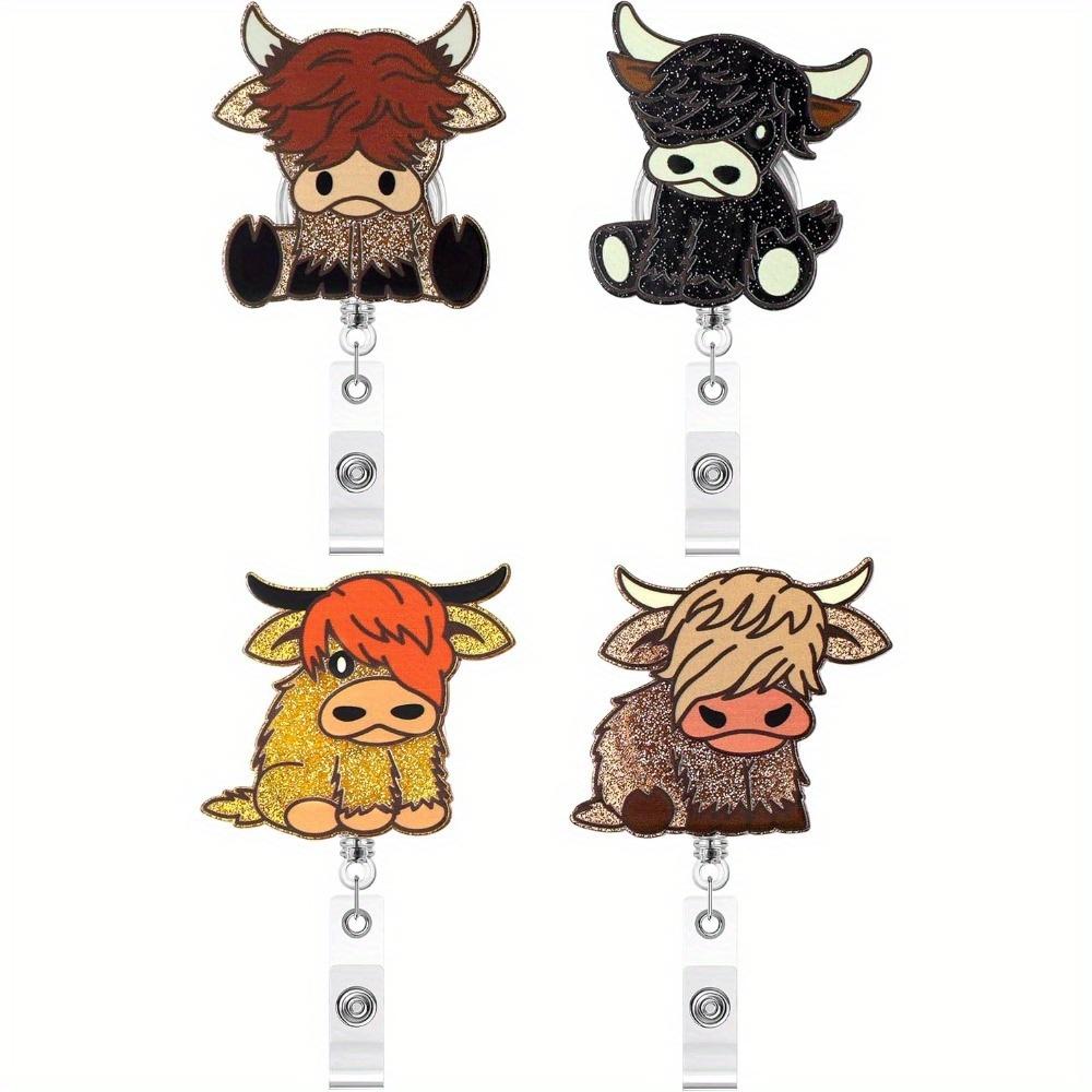 

4 Highland Cow Badge Reels. Scalable, rotating ID clips for nurses, doctors & teachers. прозрачный