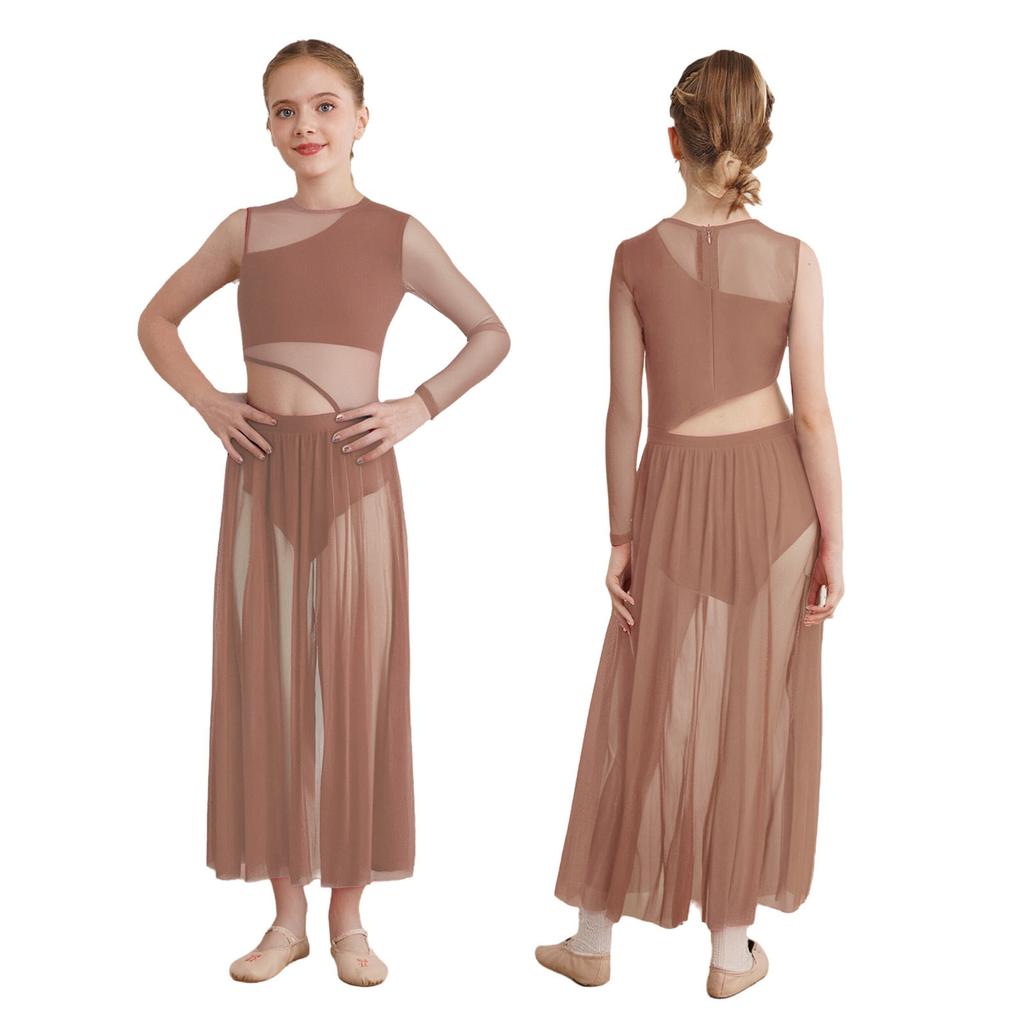 Abito da danza lirica moderno per ragazze girocollo rete trasparente con fianchi cut-out