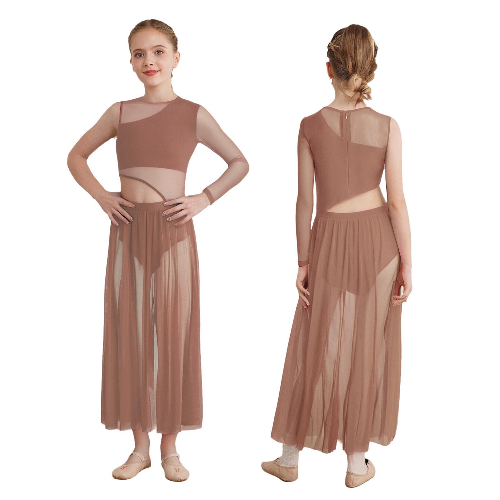 

Дівчачий ліричний костюм для виступу Круглий виріз Дизайн з вирізами Печворк з боків Прозора сітка Асиметрична танцювальна сукня 5-6 Years коричневий