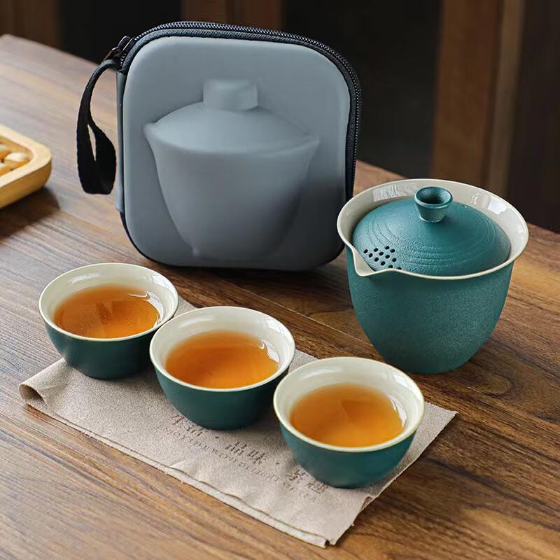 

Portable Ru Kiln Ceramic Travel Tea Set 1 Pot, 3 Cups