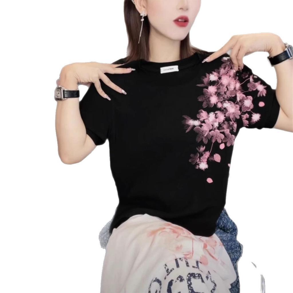 Large size foreign style printing round neck short-sleeved T-shirt women's summer slightly fat MM slim and thin fashion casual versatile top