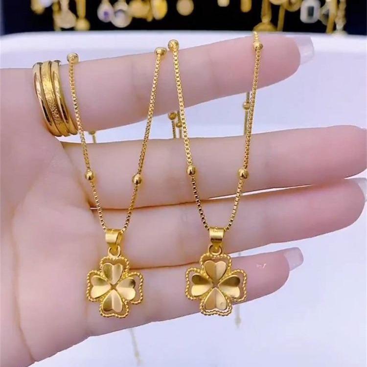 Copper Plated Gold Four-Leaf Clover Pendant: Elegant Double-Sided Minimalist Design
