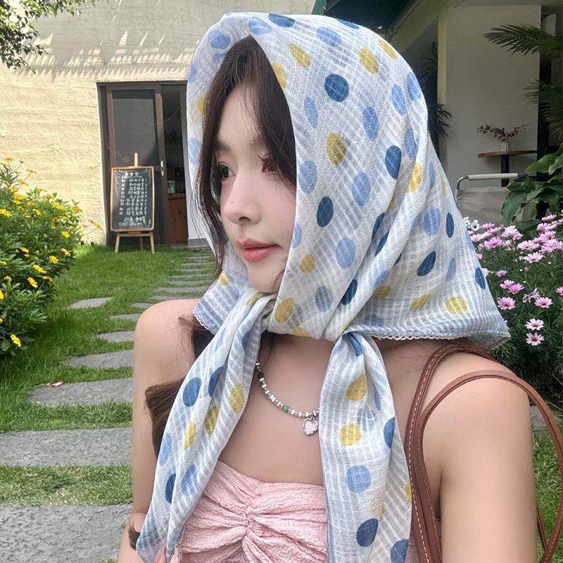 New Summer Cotton and Linen Scarf for Women Spring and Autumn Dots  Small Square Scarf Triangle Scarf Sun Protection Scarf Headscarf
