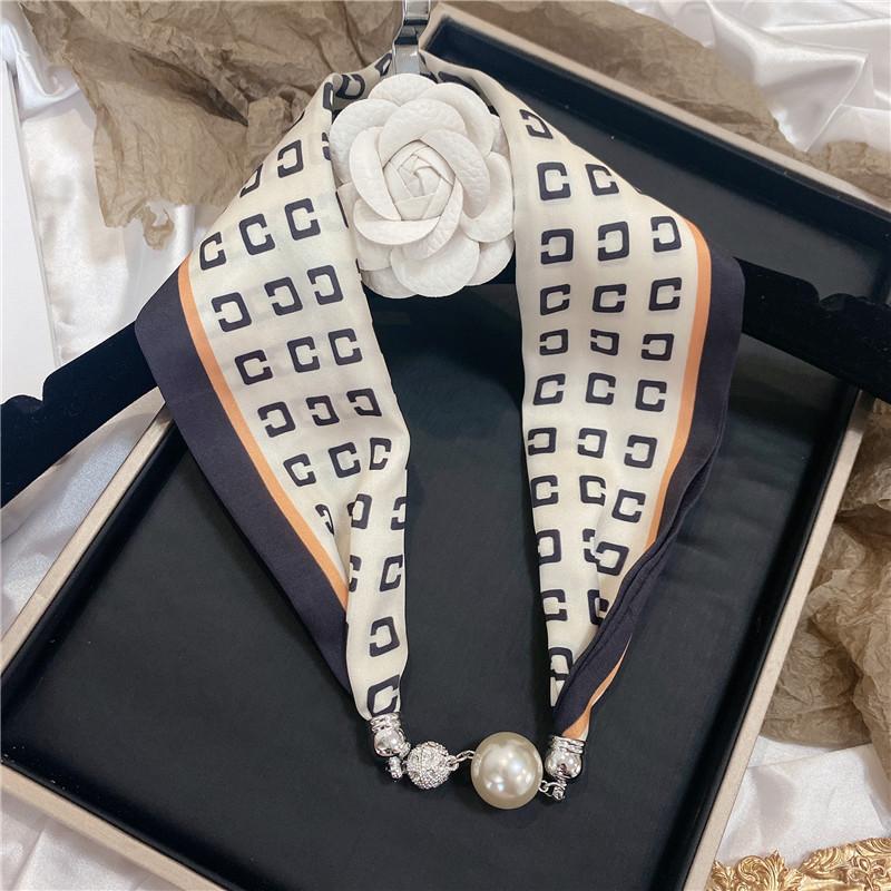Luxury Design Magnetic Button Summer Silk Scarf Women Magnetic Pearl Necklace Scarves High End Matching Shirt Scarf Lady