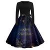 Women's Casual Fashion Round Neck Long Sleeve New Year Printed Retro Dress