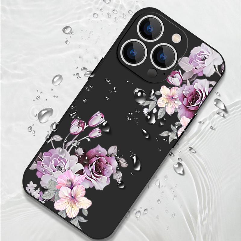 Carcasă rezistentă la șocuri cu model floral violet pentru iPhone 16 Pro Max 15 Pro 14 13 12 Mini 11 XS XR 8 7 Lanyard TPU Lens Protection Matte Soft Phone Cover