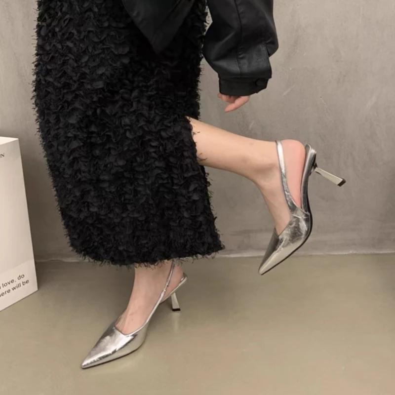 

Летние женские сандалии с острым носком, модные, элегантные, леопардовые, туфли без застежек, женские, сексуальные, на тонком каблуке, сандалии для вечернего платья 42 серебряный