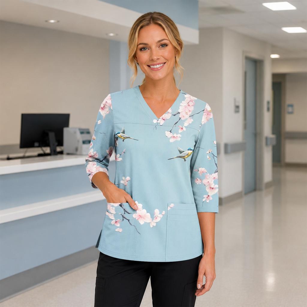 Women's Floral Print V-Neck Scrub Top with Pockets and Side Slits, Three-Quarter Sleeves