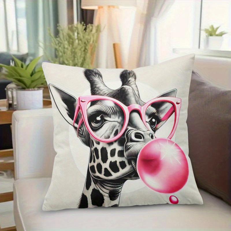 1Pc Giraffe Blowing Bubble Gum Printed Throw Pillow Cover, Suitable For Sofa,Bedroom,Living Room, Easily Create A Fun Atmosphere