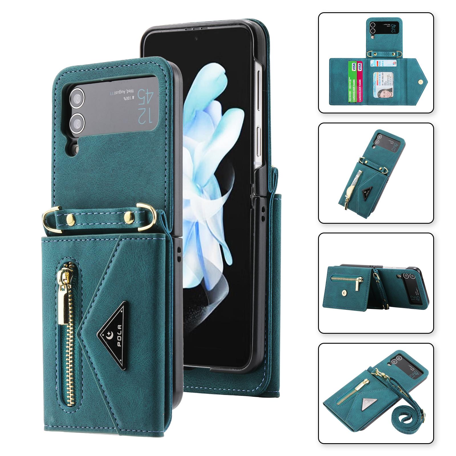 

POLA For Samsung Galaxy Z Flip3 5G Zipper Pocket Kickstand Multiple Card Slots PU Leather Phone Cover with Shoulder Strap Green
