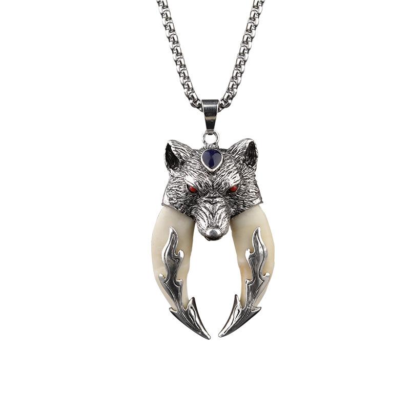 Antique Double Boar Tooth Silver Wolf Protective Talisman Pendant Necklace Gift