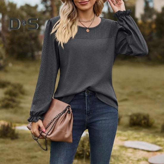 Women Tops Round Neck Puff Long Sleeve Solid Color Tee Shirt with Waffle Decoration Solid Color Loose Fit T-shirt