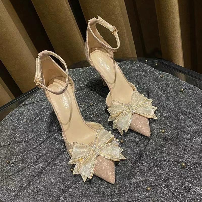 Sandals women's summer 2024 new rhinestone hollow bow bridesmaid shoes high heels fairy pointed single shoes women's stiletto