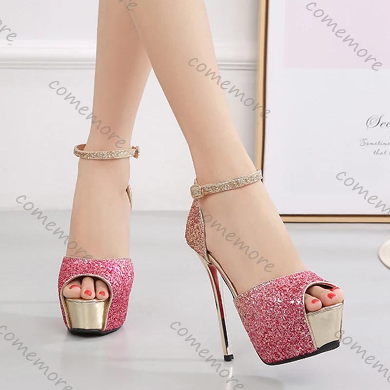 Fashion Comemore Summer Women Peep Toe Sandals Gradient Color Platform Bling Sequin High Heels 14CM Stiletto Nightclub Pole Dancing Shoe