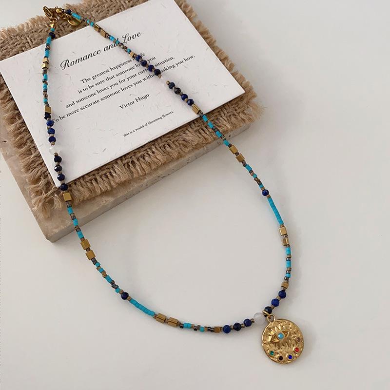 Tiger'S Eye Beaded Halskjede Maillard Oval Premium Genserkjede Titanium Stål Vintage Coffee Naturstein Clavicle Chain