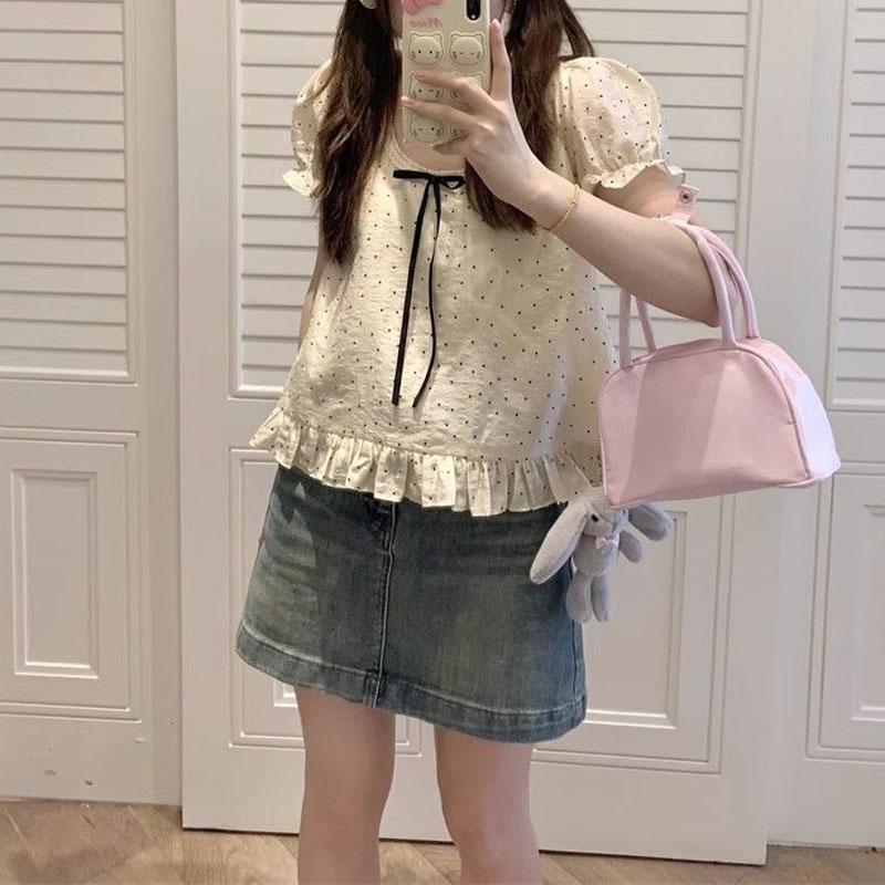 Женская блузка в горошек с пышными рукавами, квадратным вырезом, завязками спереди и оборками по подолу S бежевый