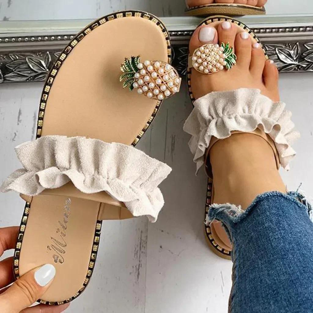 2025 Women Slipper Pineapple Pearl Flat Toe Bohemian Summer Beach Sandals Ladies Shoes Outdoor Leisure Plus Size Mujer Verano