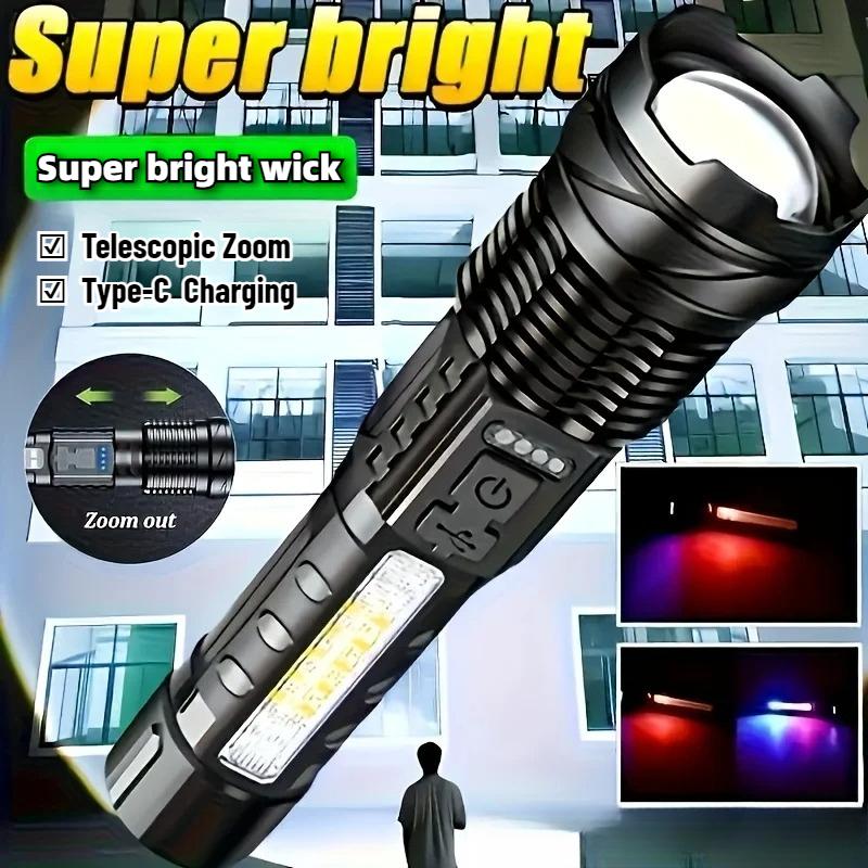Notfall LED Taschenlampe Wasserdicht 18650 Taschenlampe Mit Seitenlicht 7 Modi Camping Angeln Laterne USB Wiederaufladbar Zoom Lampen