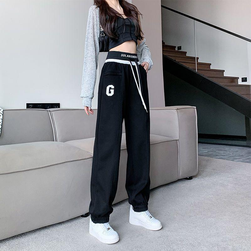 

Женская одежда, черные повседневные брюки, новинка 2024 года, весна-осень, свободные тонкие модные спортивные штаны с высокой талией, брюки для отдыха на шнурке 2XL