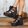 Women's Peep-Toe Platform Sandals, Lace-Up Cutout Wedge Heels, Height Increasing Roman Shoes Wholesale