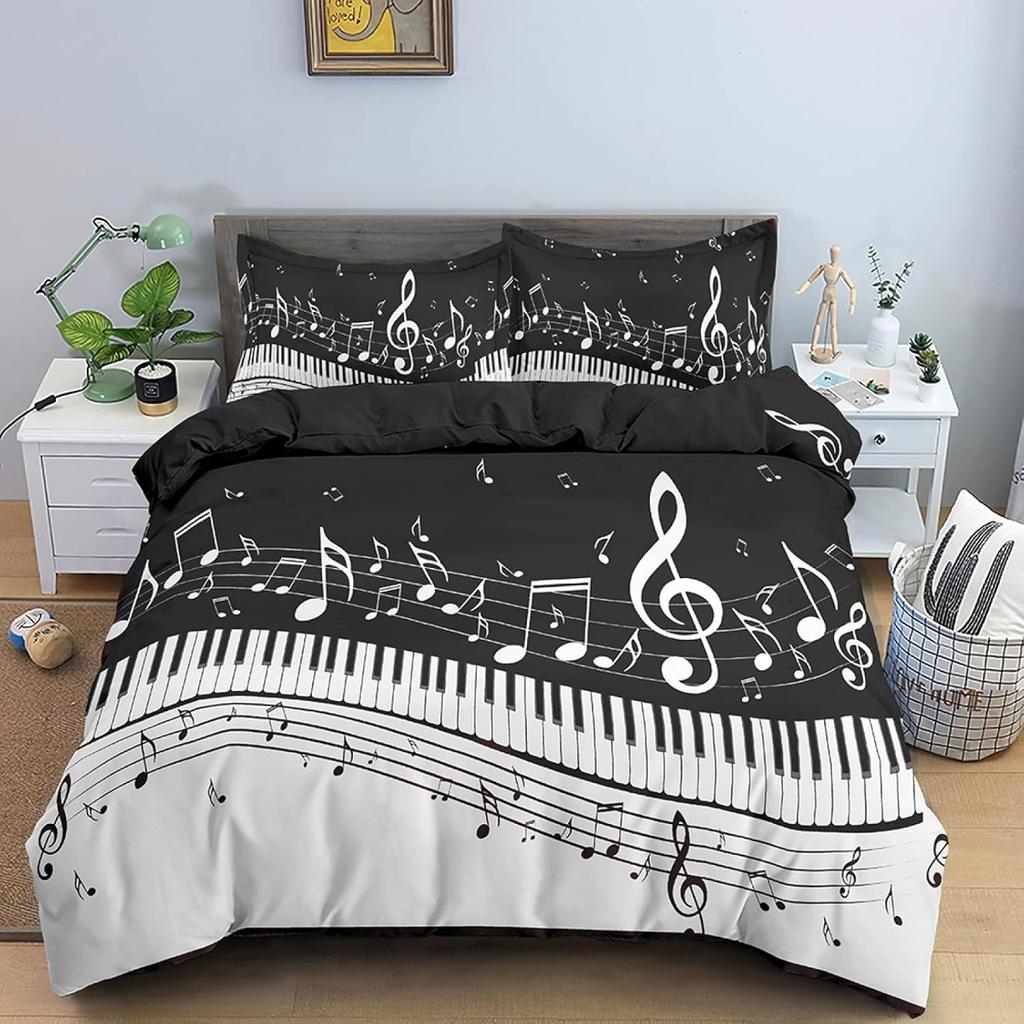 Music Bedding Set Twin Queen Musical Notes Duvet Cover For Kids Teens Girls Boys Bedroom Decor Piano Keyboard Comforter Cover
