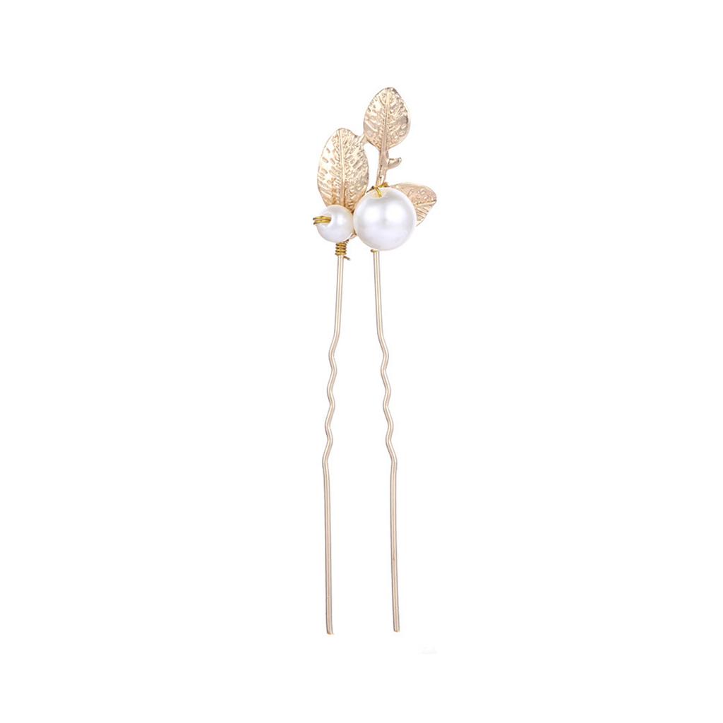 Girls Pearl U Shape Hairpin Gold/Silver Leaf Non-slip Alloy Hairpin Headwear for Festival Wedding Party Head Decor