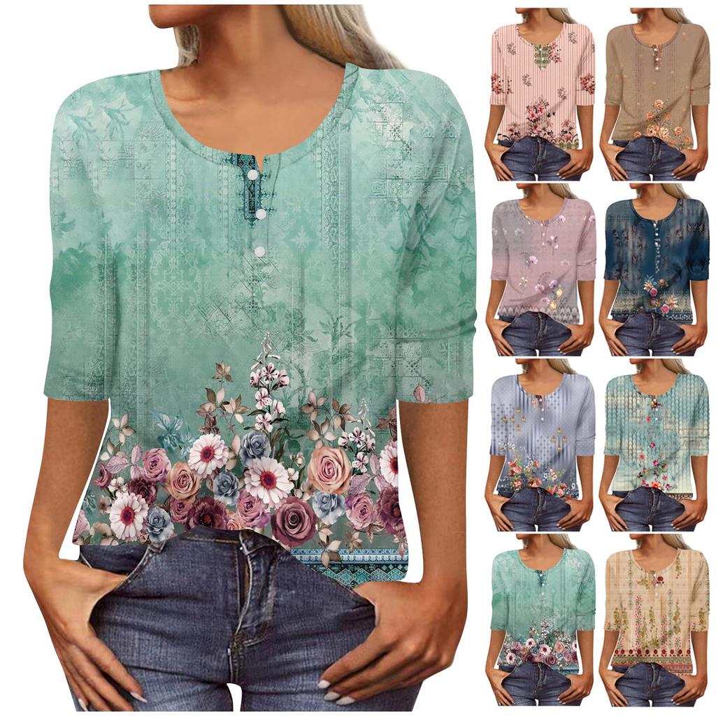 Women's Fashion Casual Long 3/4 Sleeve Flower Buttons Print U-Neck Pullover Top Blouse